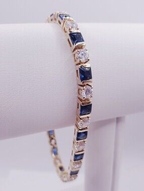 Yellow Gold - 925 Sterling Silver Tennis Bracelet - Blue
